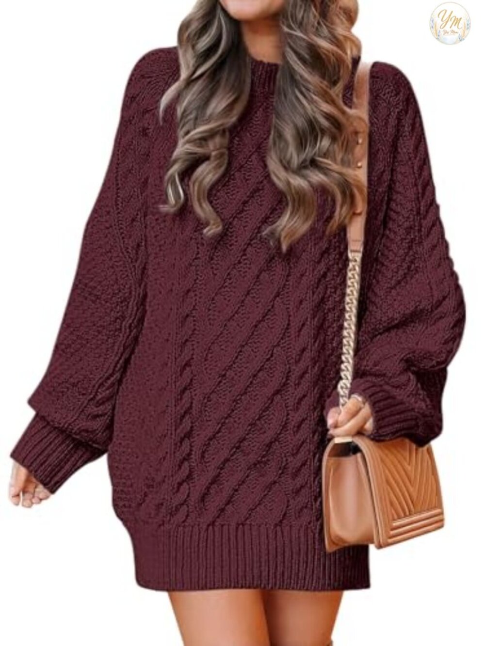 Oversized Cable Knit Mini Sweater Dress Long Sleeve Crew Neck Pullover